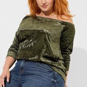 Torrid Green Crushed Velvet Off Shoulder Sweatshirt NWT Deep Depths Mossy Olive